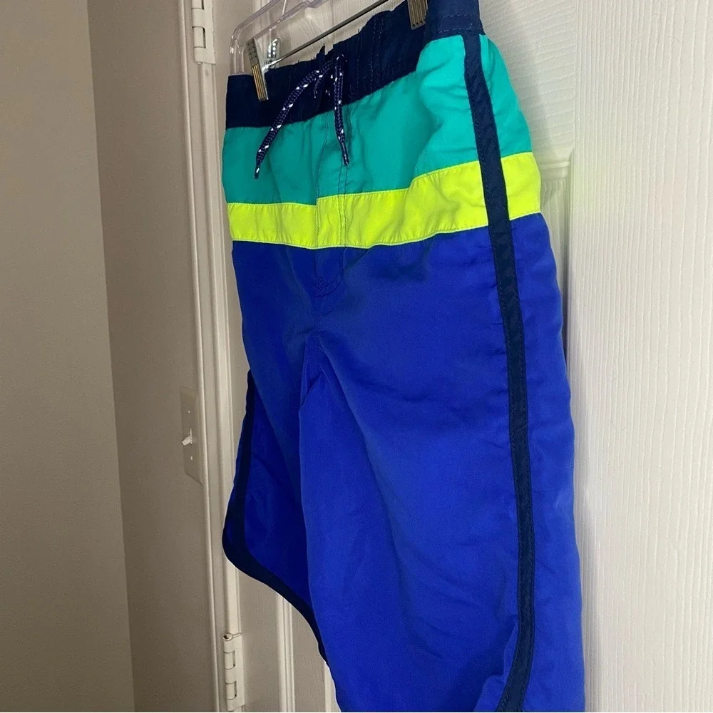 Osh Kosh B'gosh Boys Swim Trunks Neon Green Teal Blue Tie Elastic Waist SZ 10/12